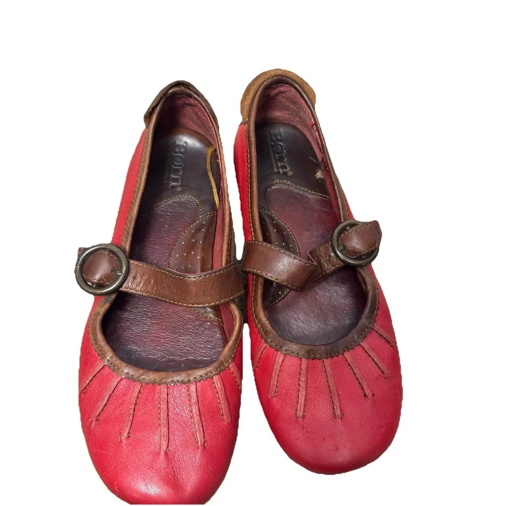 Born Brown / Red Leather Mary Jane Flat Loafer Size 6.5 Adjustable Buckle - Picture 5 of 8
